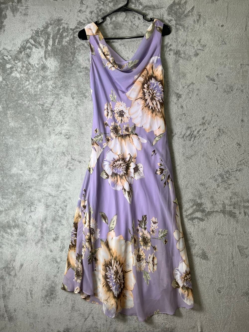 Floral Cowl Neck Midi Dress Lavender Sleeveless A-Line Garden Party Size 6